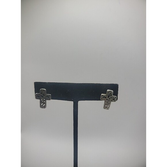 Vintage Earrings Pierced Post Stud Cross Cutout Silver Tone Jewelry Costume - Picture 3 of 12